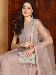 Women Nude Net Embroidered Straight Kurta Sharara Set With Dupatta