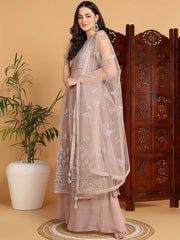 Women Nude Net Embroidered Straight Kurta Sharara Set With Dupatta