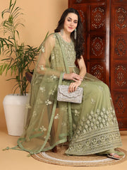 Women Green Net Embroidered Straight Kurta Sharara Set With Dupatta