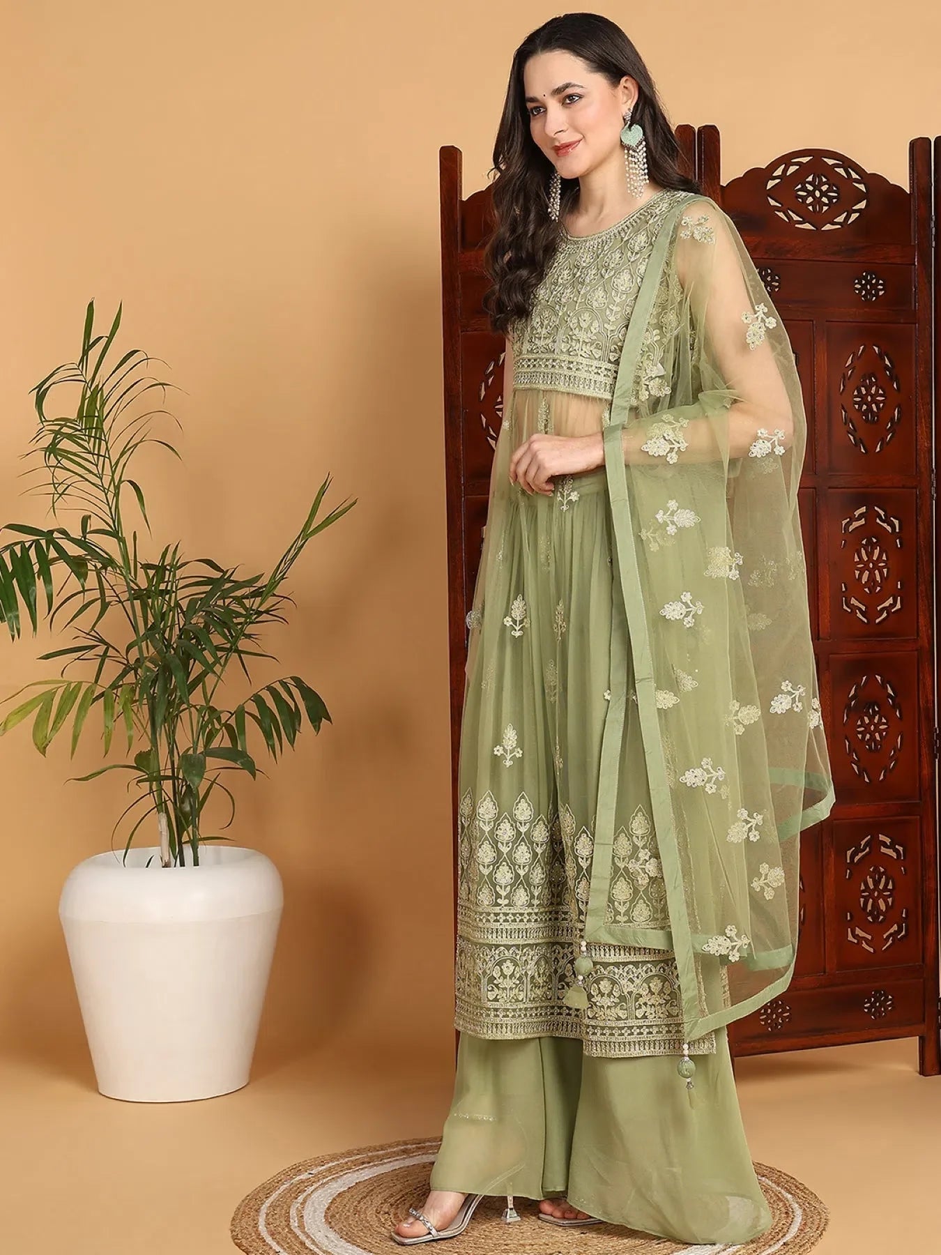 Green Embroidered Sharara Suits for Women | Designer Sharara Set