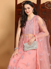 Women Pink Net Embroidered Straight Kurta Sharara Set With Dupatta