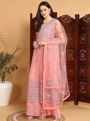Women Pink Net Embroidered Straight Kurta Sharara Set With Dupatta