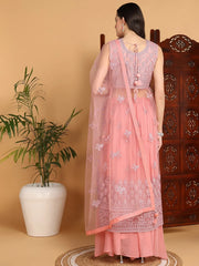 Women Pink Net Embroidered Straight Kurta Sharara Set With Dupatta