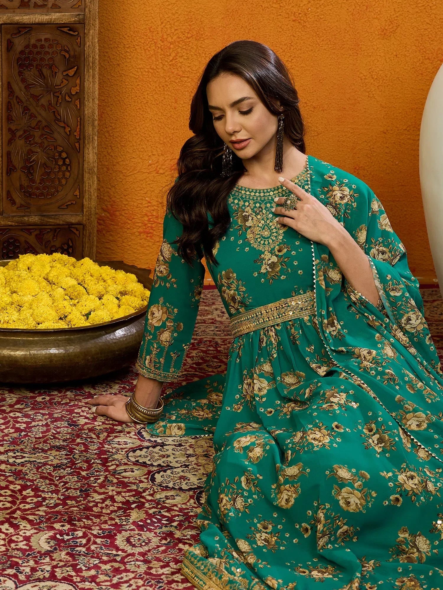 Green Floral Kurti Set - Polyester Indian Ethnic Designer Lehenga