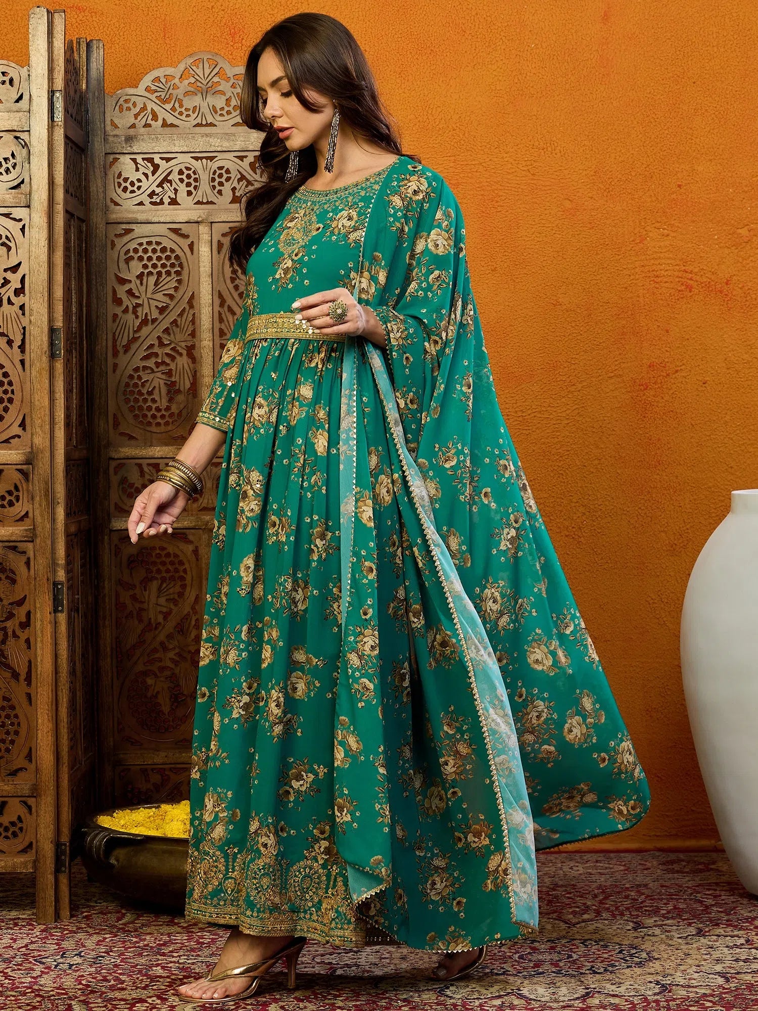 Green Floral Kurti Set - Polyester Indian Ethnic Designer Lehenga