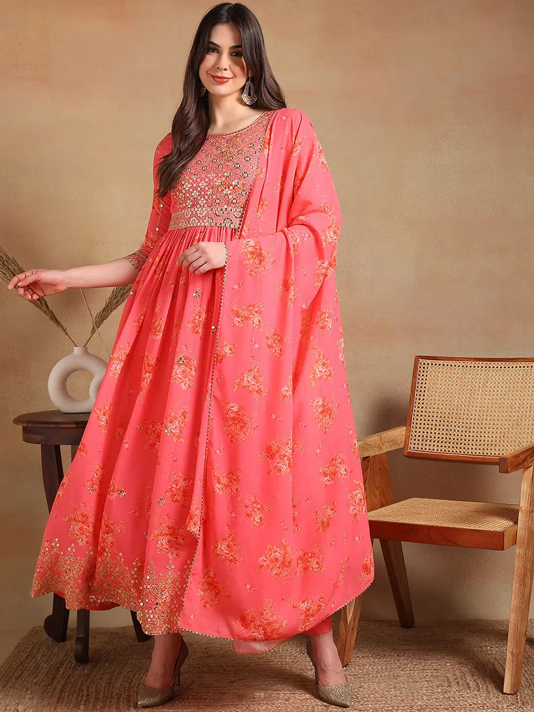 Women Pink Georgette Embroidered Anarkali Kurta Pant Set With Dupatta-PKSKD2185A