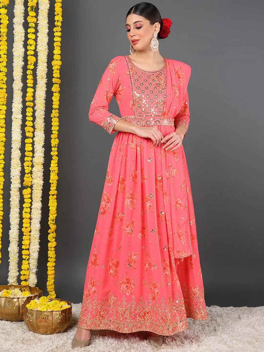 Women Pink Georgette Embroidered Anarkali Kurta Pant Set With Dupatta-PKSKD2185