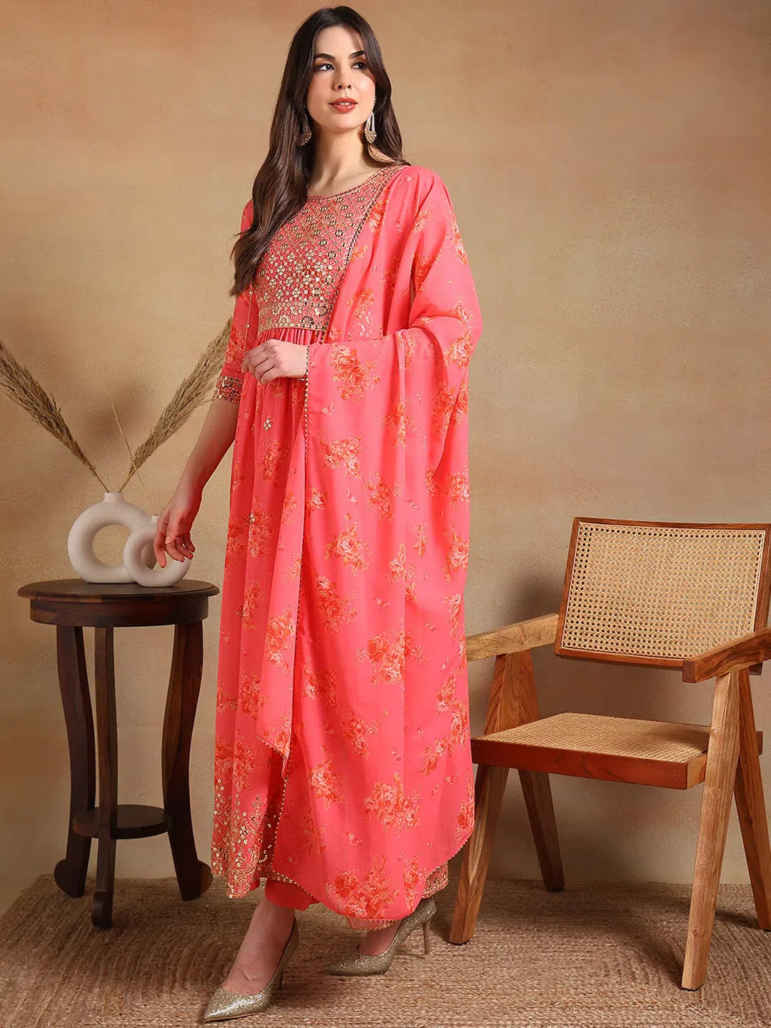 Pink Embroidered Anarkali Kurta Pant Set with Dupatta
