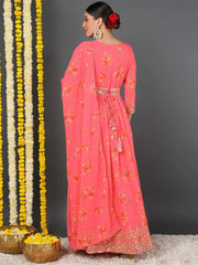 Women Pink Georgette Embroidered Anarkali Kurta Pant Set With Dupatta-PKSKD2185