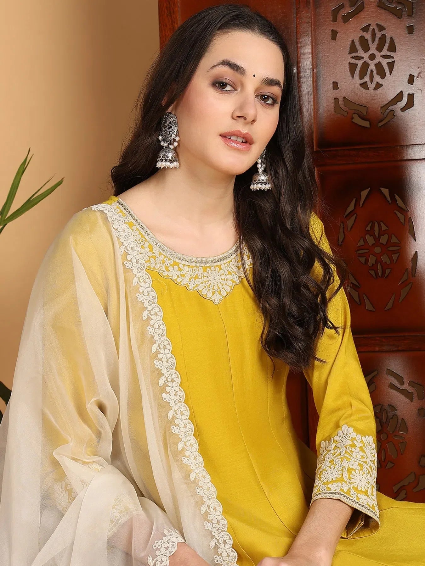 Yellow Silk Blend Anarkali Kurta Set with Dupatta | Women's