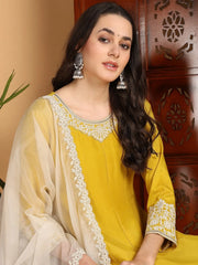 Women Yellow Silk Blend Embroidered Anarkali Kurta Pant Set With Dupatta-PKSKD2193