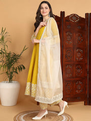 Women Yellow Silk Blend Embroidered Anarkali Kurta Pant Set With Dupatta-PKSKD2193