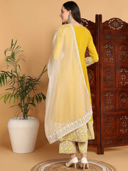 Women Yellow Silk Blend Embroidered Anarkali Kurta Pant Set With Dupatta-PKSKD2193