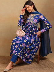 Women Blue Poly Georgette Printed A-Line Kurta Pant Set With Dupatta