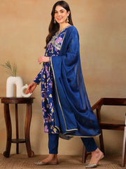 Women Blue Poly Georgette Printed A-Line Kurta Pant Set With Dupatta