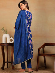 Women Blue Poly Georgette Printed A-Line Kurta Pant Set With Dupatta