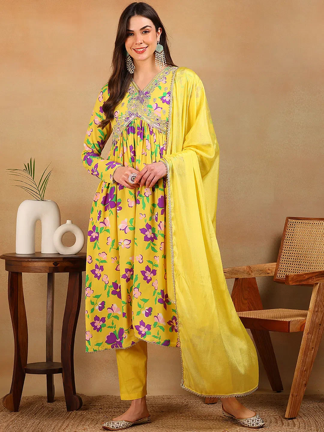 Women Yellow Poly Georgette Printed A-Line Kurta Pant Set With Dupatta