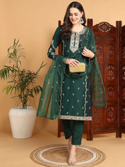 Women Green Silk Blend Embroidered Straight Kurta Pant Set With Dupatta-PKSKD2197