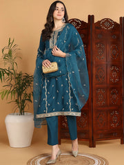Women Teal Silk Blend Embroidered Straight Kurta Pant Set With Dupatta-PKSKD2198