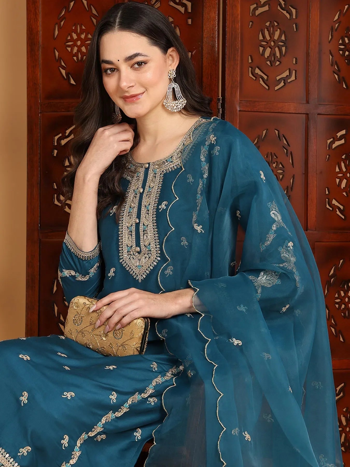 Teal Embroidered Kurta Set | Women's Indian Kurta Sets with Du...