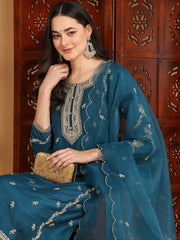 Women Teal Silk Blend Embroidered Straight Kurta Pant Set With Dupatta-PKSKD2198
