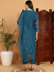Women Teal Silk Blend Embroidered Straight Kurta Pant Set With Dupatta-PKSKD2198