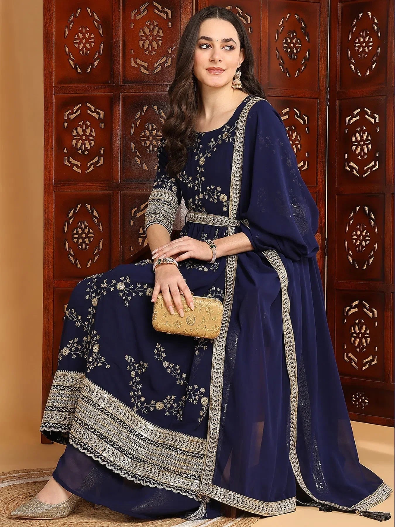 Navy Embroidered Kurta Palazzo Set - Women's Party Wear