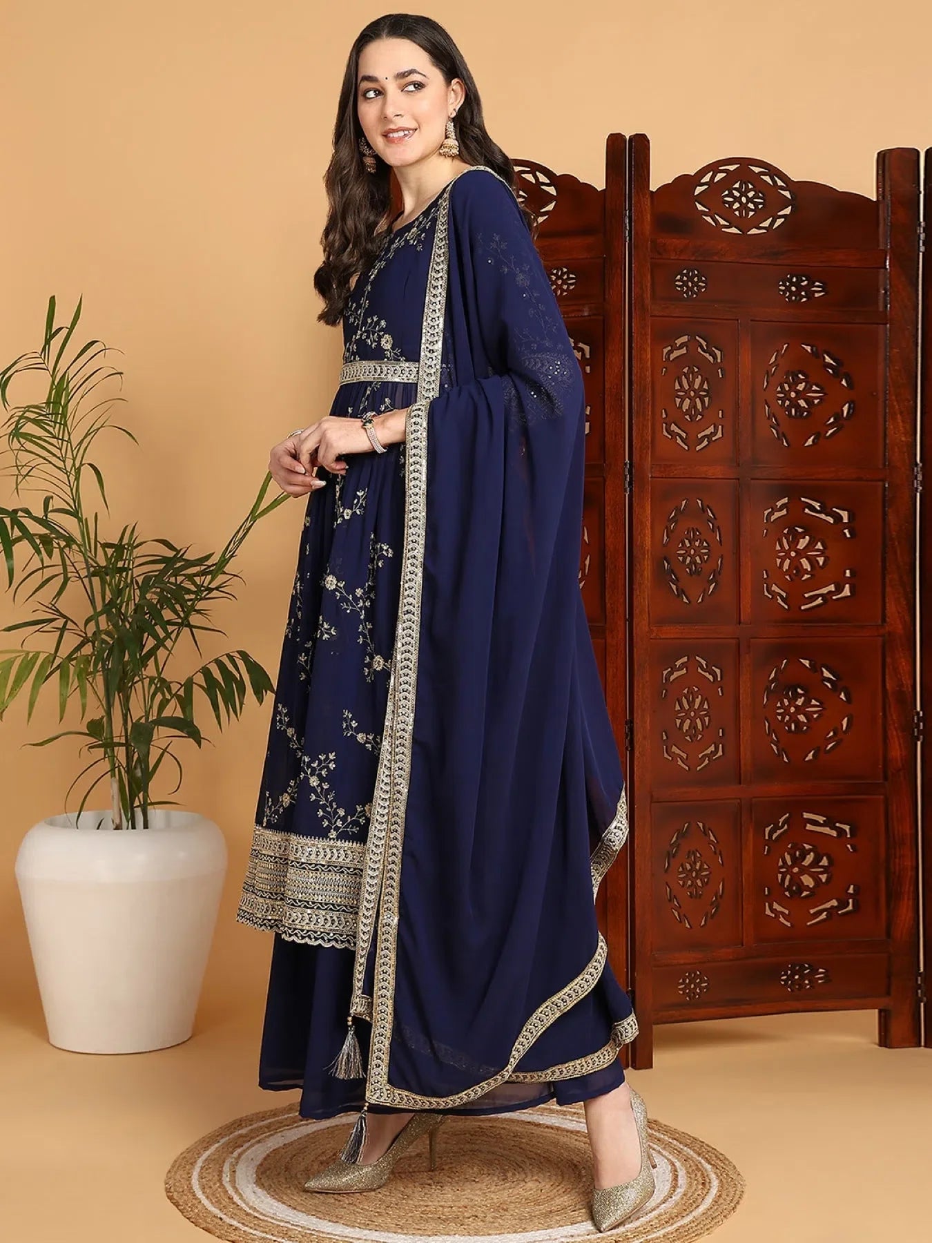 Navy Embroidered Kurta Palazzo Set - Women's Party Wear