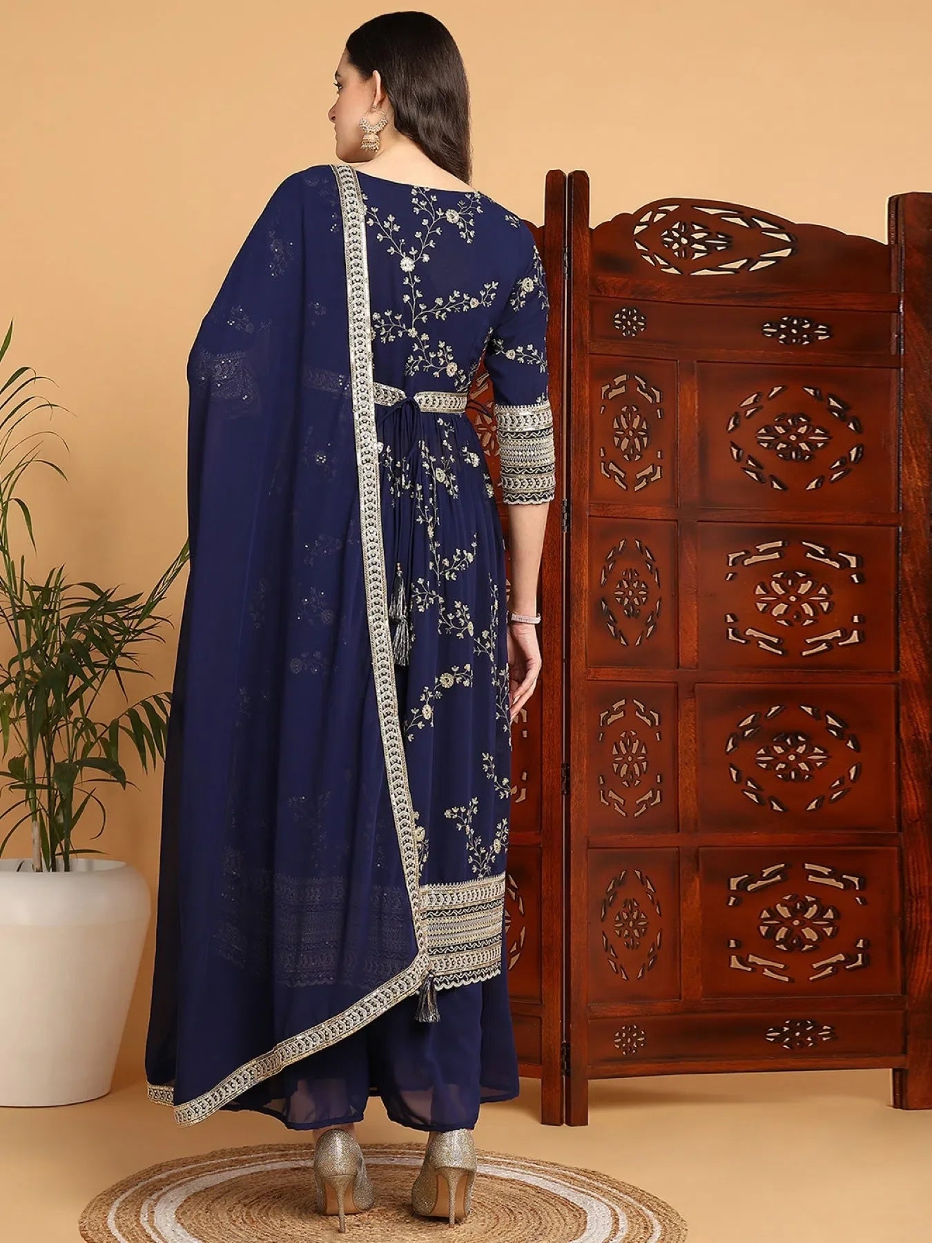 Navy Embroidered Kurta Palazzo Set - Women's Party Wear