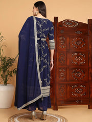 Women Navy Blue Georgette Embroidered Straight Kurta Palazzo Set With Dupatta