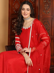 Women Red Silk Blend Embroidered Anarkali Kurta Palazzo Set With Dupatta