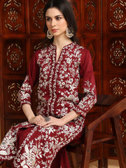 Women Maroon Silk Blend Embroidered Straight Kurta Pant Set With Dupatta-PKSKD2215
