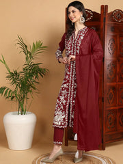 Women Maroon Silk Blend Embroidered Straight Kurta Pant Set With Dupatta-PKSKD2215