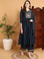 Women Blue Cotton Blend Yoke Design A-Line Kurta Pant Set With Dupatta