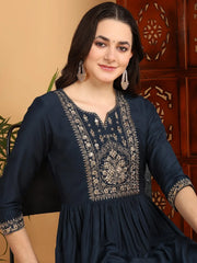 Women Blue Cotton Blend Yoke Design A-Line Kurta Pant Set With Dupatta
