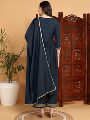 Women Blue Cotton Blend Yoke Design A-Line Kurta Pant Set With Dupatta