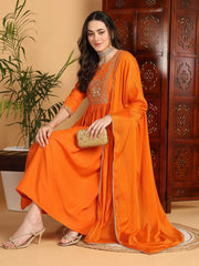 Women Orange Cotton Blend Yoke Design A-Line Kurta Pant Set With Dupatta
