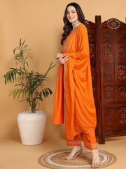 Women Orange Cotton Blend Yoke Design A-Line Kurta Pant Set With Dupatta
