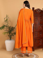 Women Orange Cotton Blend Yoke Design A-Line Kurta Pant Set With Dupatta