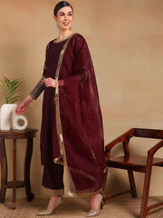 Women Burgundy Silk Blend Embroidered Straight Kurta Pant Set With Dupatta-PKSKD2226