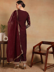 Women Burgundy Silk Blend Embroidered Straight Kurta Pant Set With Dupatta-PKSKD2226