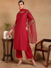 Women Red Silk Blend Embroidered Straight Kurta Pant Set With Dupatta-PKSKD2227
