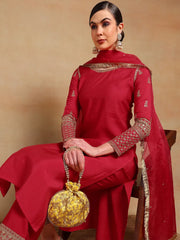 Women Red Silk Blend Embroidered Straight Kurta Pant Set With Dupatta-PKSKD2227