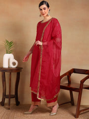 Women Red Silk Blend Embroidered Straight Kurta Pant Set With Dupatta-PKSKD2227