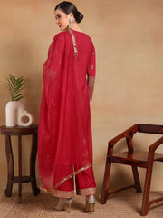 Women Red Silk Blend Embroidered Straight Kurta Pant Set With Dupatta-PKSKD2227