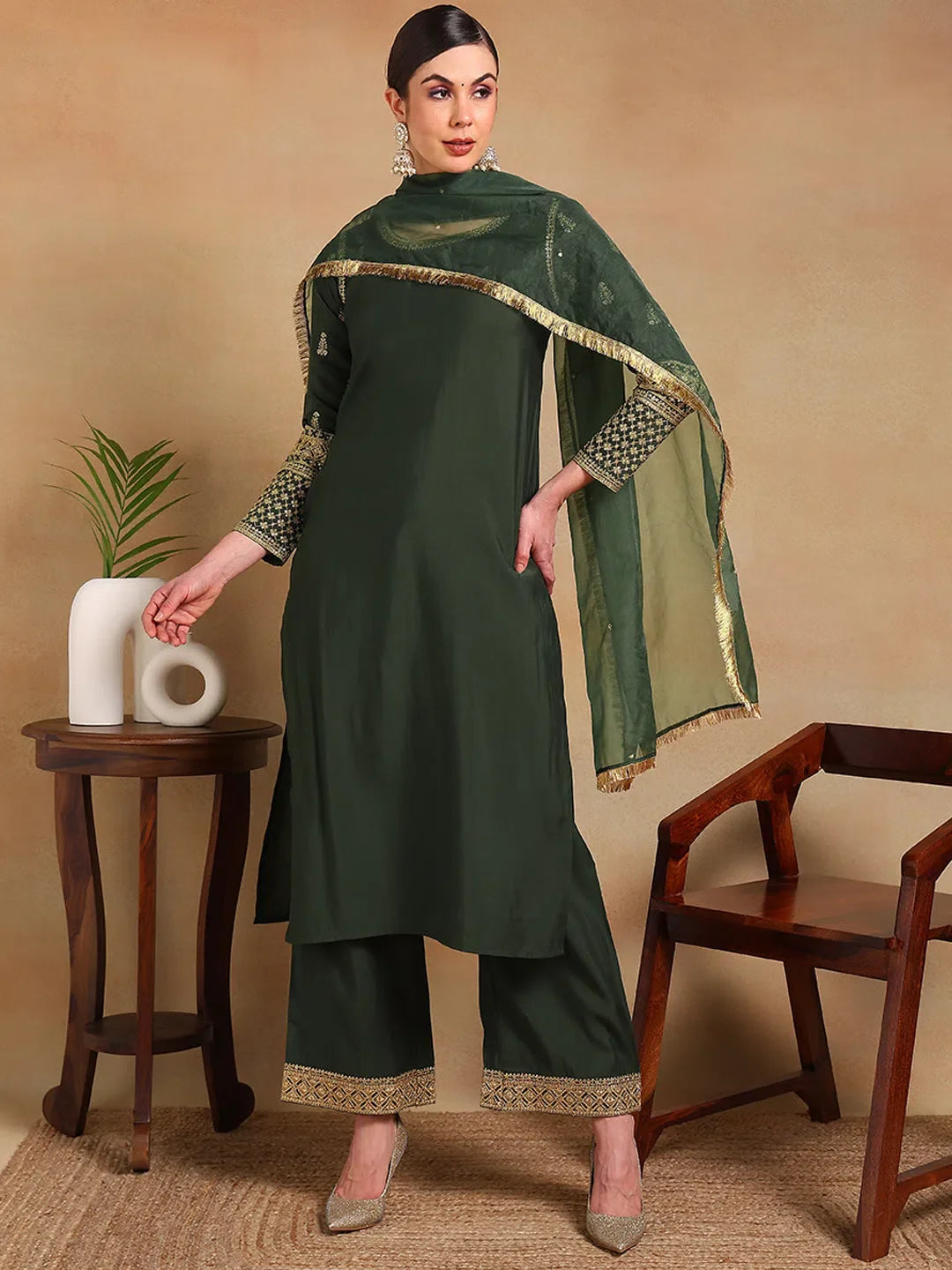 Women Olive Silk Blend Embroidered Straight Kurta Pant Set With Dupatta-PKSKD2228