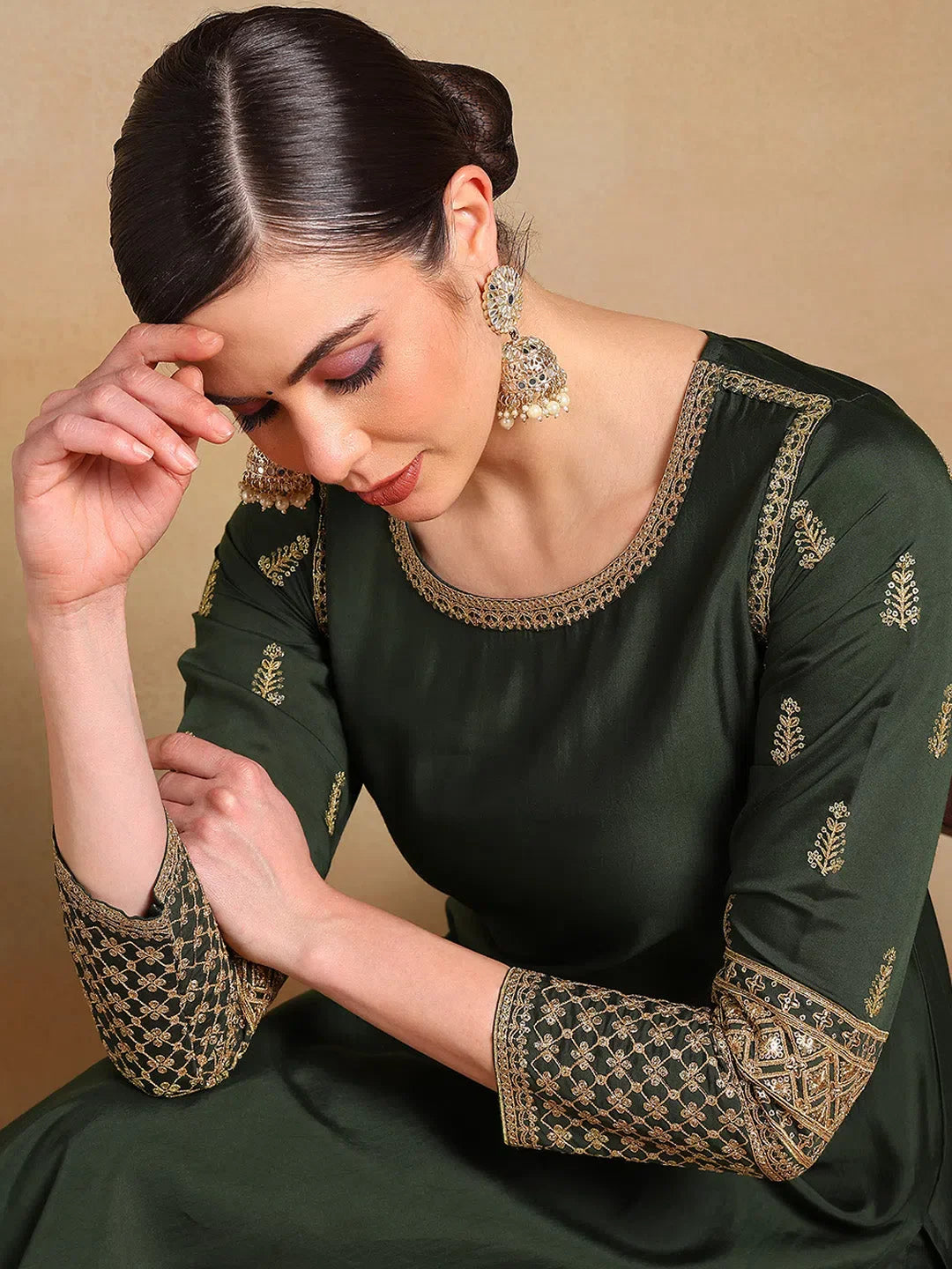 Olive Embroidered Kurta Pant Set with Dupatta | Designer Kurta...
