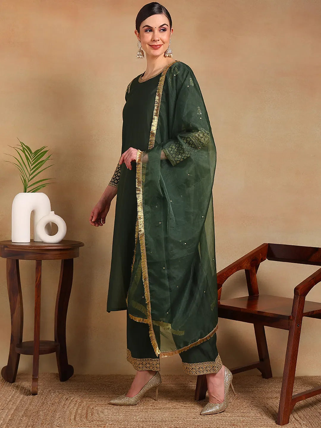 Olive Embroidered Kurta Pant Set with Dupatta | Designer Kurta...