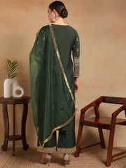 Women Olive Silk Blend Embroidered Straight Kurta Pant Set With Dupatta-PKSKD2228