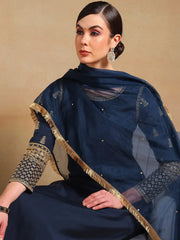 Women Teal Silk Blend Embroidered Straight Kurta Pant Set With Dupatta-PKSKD2229